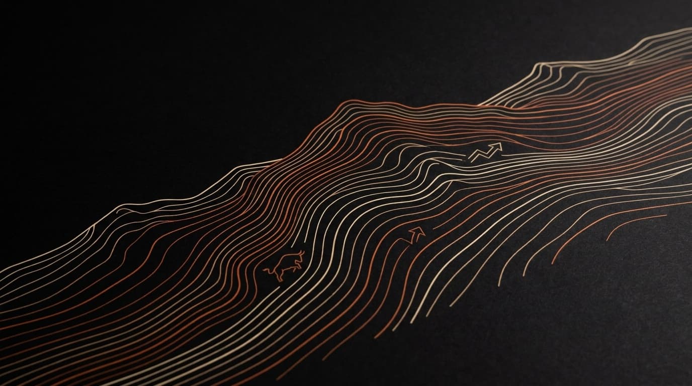 Abstract topographic contour lines rising like terrain